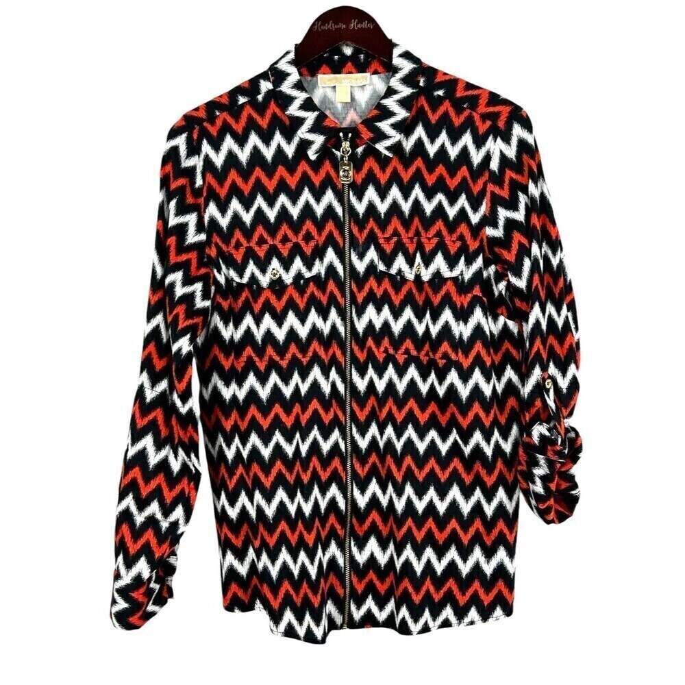 Michael Kors Women Sz 10 Blouse Black Red Long Sleeve Pocket Classic Full Zip N1